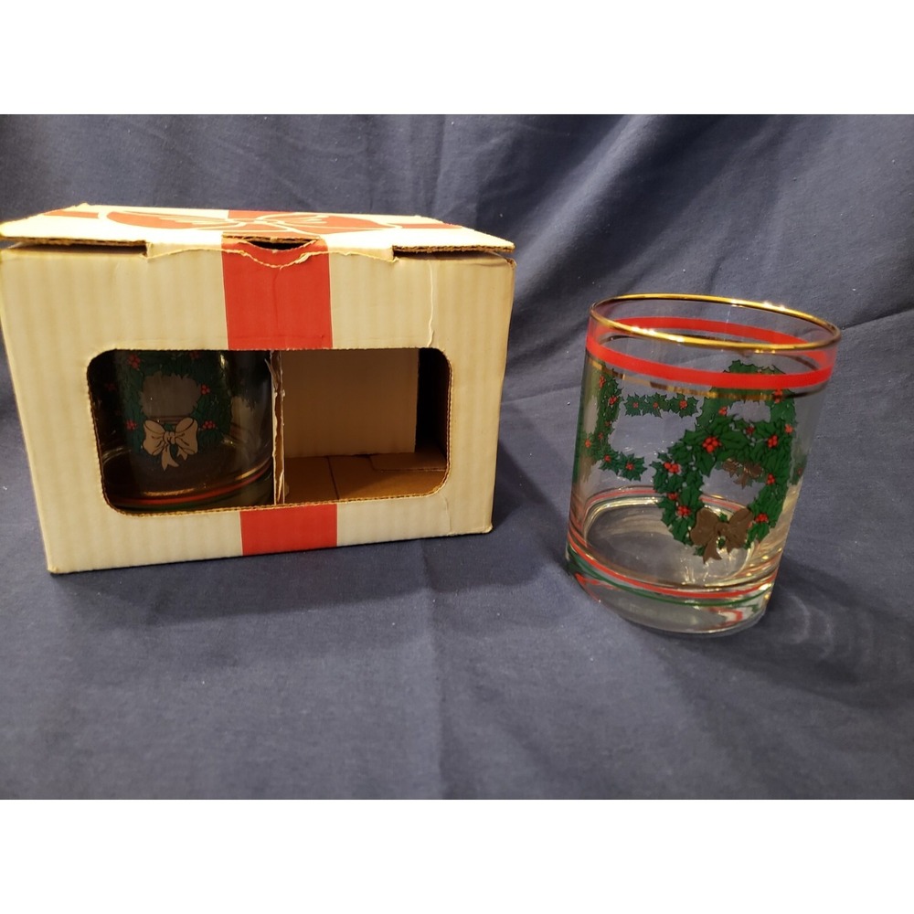 Durand Christmas wreath gold rimmed, cocktail glass, original‎ box Set 4 Vintage